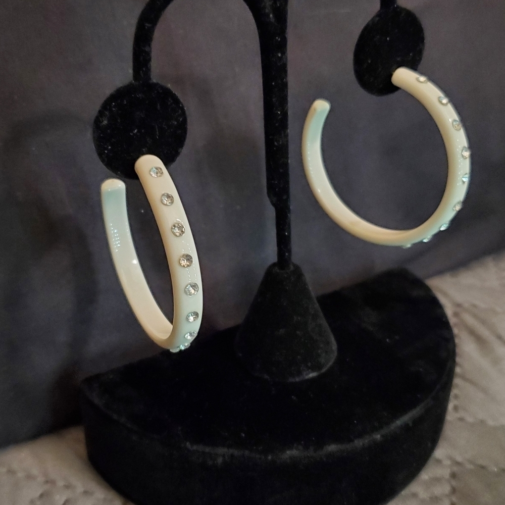 White & Rhinestone Hoop Earrings - Picture 3 of 8